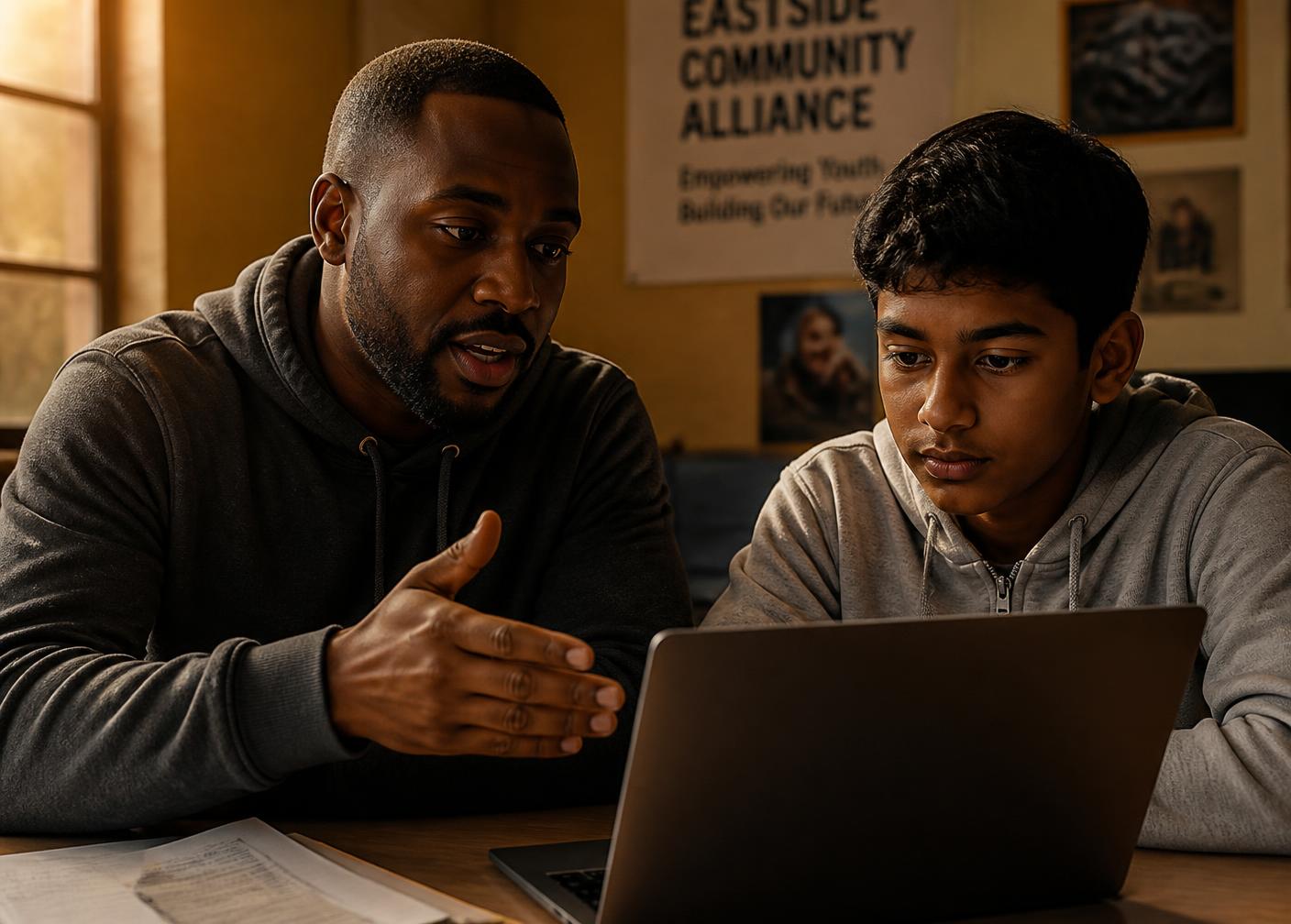 A mentor working alongside a young person at a laptop